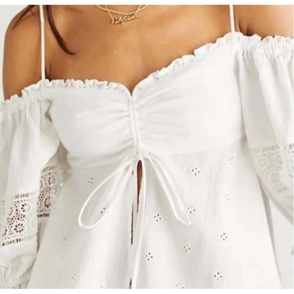 NWOT Free People Bambino Eyelet Puff Sleeve Off Shoulder Crop Top White Size XS